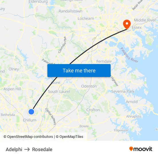 Adelphi to Rosedale map