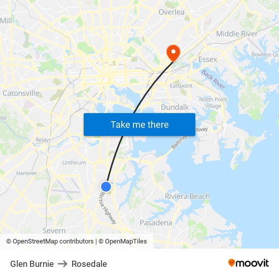 Glen Burnie to Rosedale map