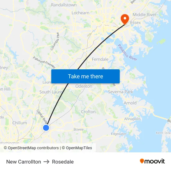 New Carrollton to Rosedale map