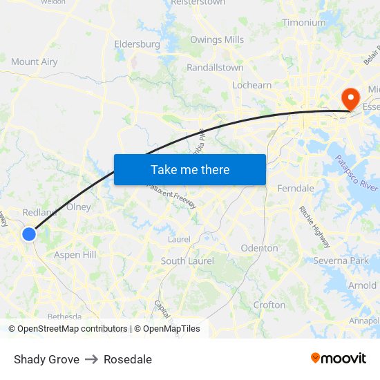 Shady Grove to Rosedale map