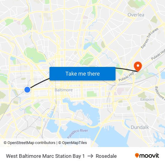 West Baltimore Marc Station Bay 1 to Rosedale map