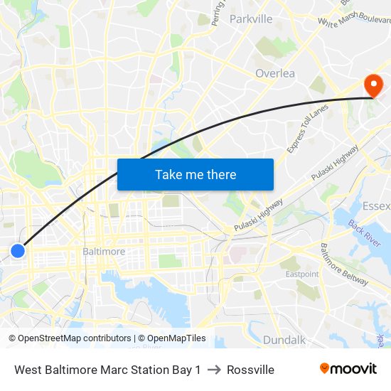 West Baltimore Marc Station Bay 1 to Rossville map