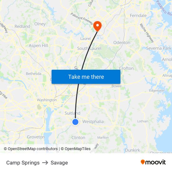 Camp Springs to Savage map