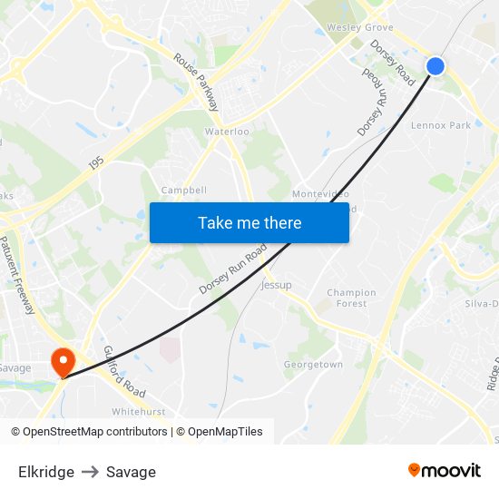 Elkridge to Savage map