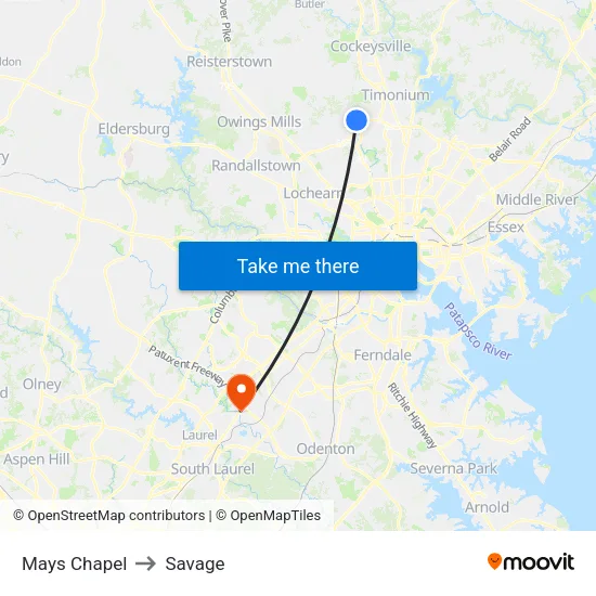 Mays Chapel to Savage map