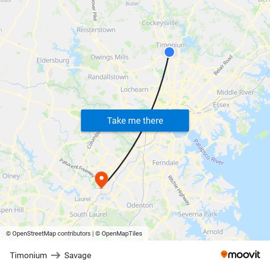 Timonium to Savage map