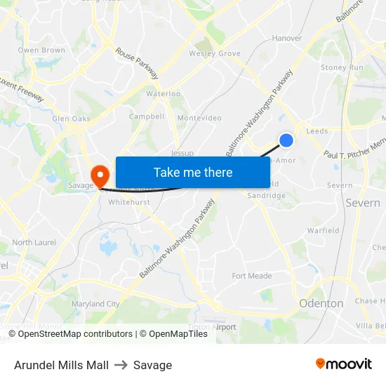 Arundel Mills Mall to Savage map