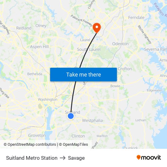 Suitland Metro Station to Savage map