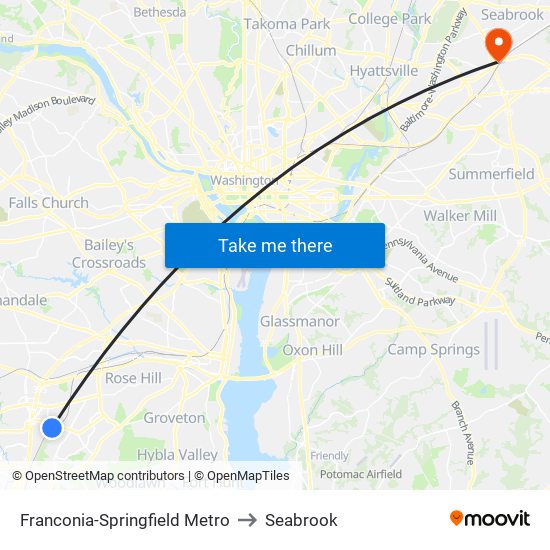 Franconia-Springfield Metro to Seabrook map