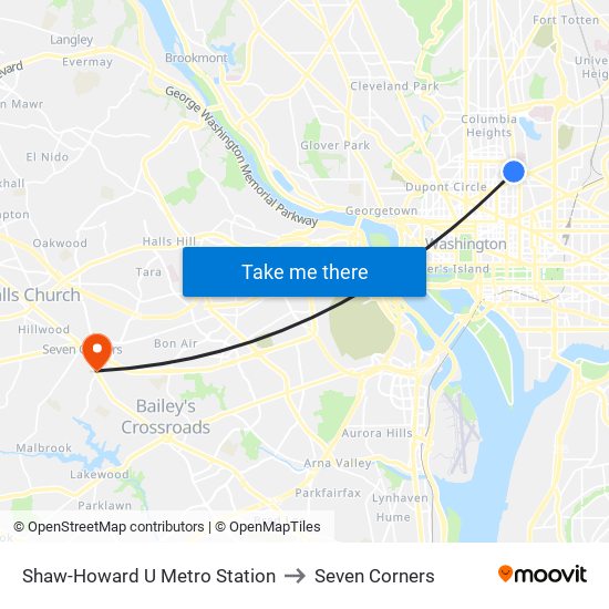 Shaw-Howard U Metro Station to Seven Corners map