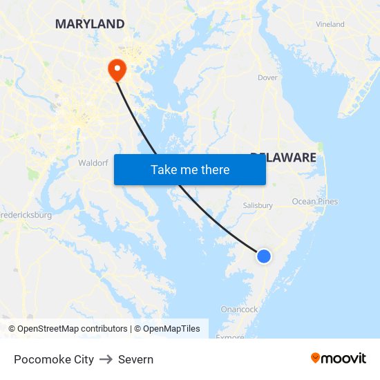 Pocomoke City to Severn map