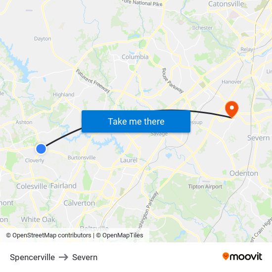 Spencerville to Severn map