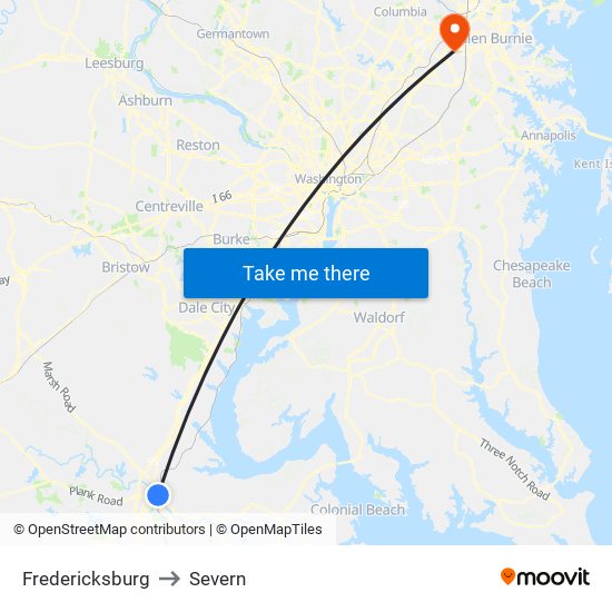 Fredericksburg to Severn map