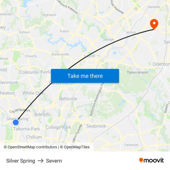 Silver Spring to Severn map