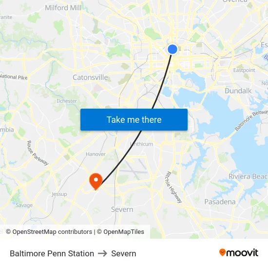 Baltimore Penn Station to Severn map