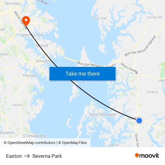 Easton to Severna Park map