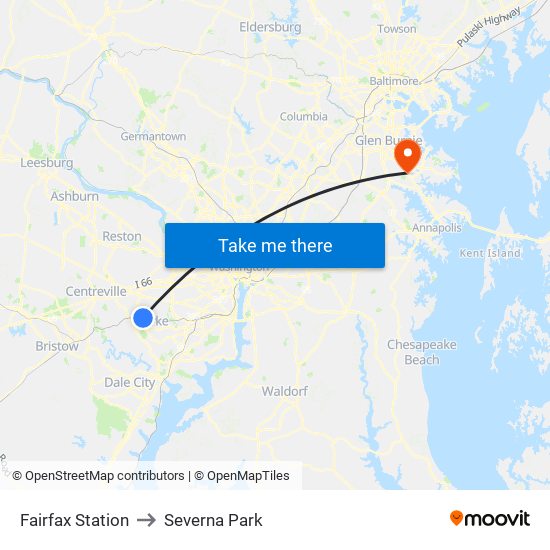 Fairfax Station to Severna Park map