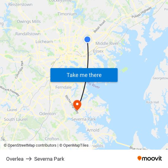 Overlea to Severna Park map