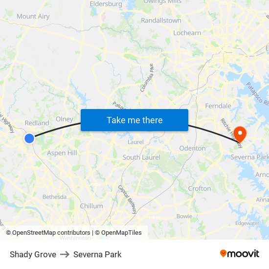 Shady Grove to Severna Park map