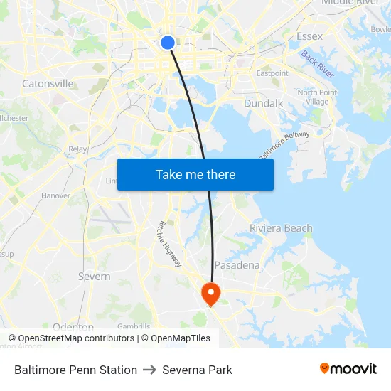 Baltimore Penn Station to Severna Park map