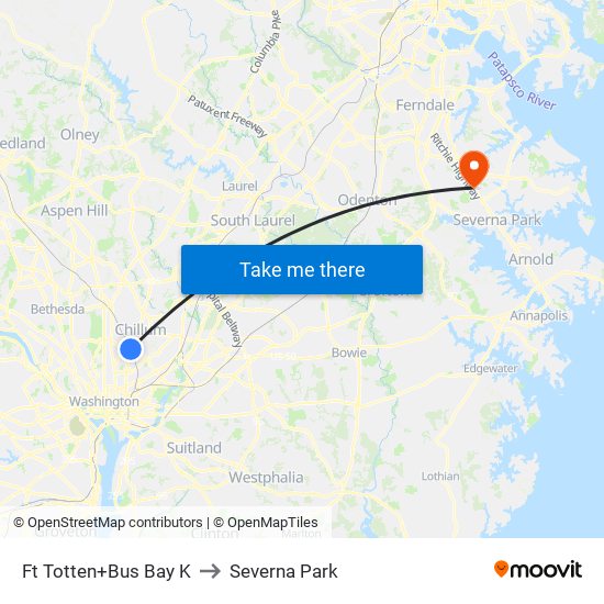 Fort Totten+Bay K to Severna Park map