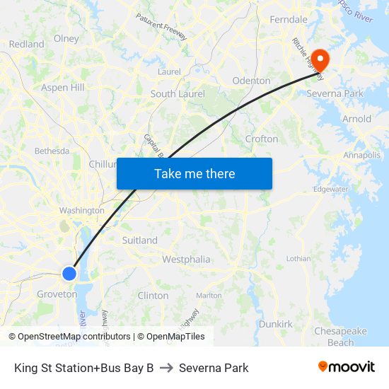 King Street-Old Town+Bay B to Severna Park map