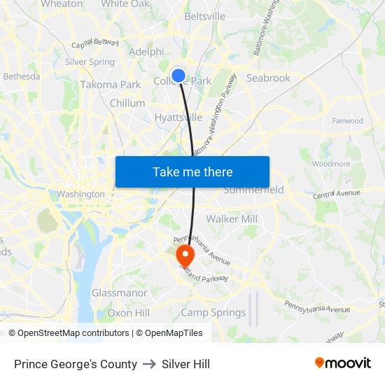 Prince George's County to Silver Hill map