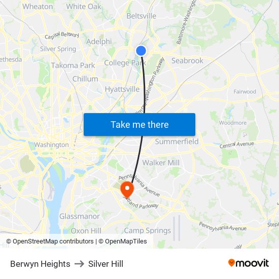 Berwyn Heights to Silver Hill map