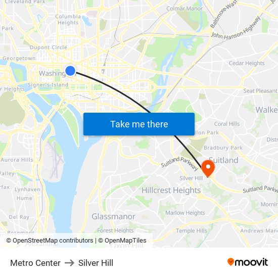 Metro Center to Silver Hill map