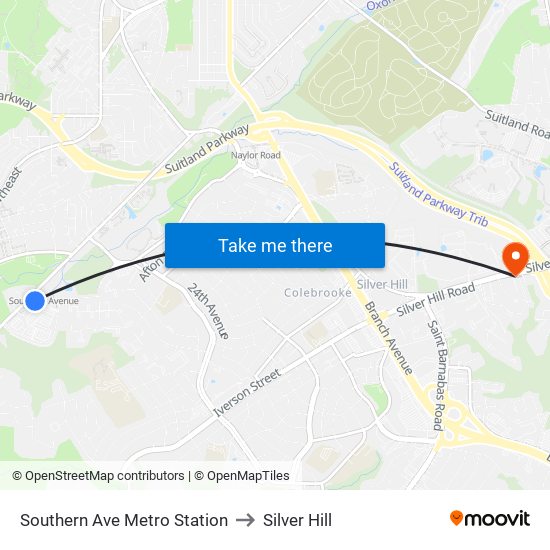 Southern Ave Metro Station to Silver Hill map