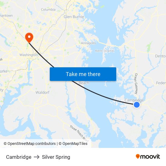 Cambridge to Silver Spring map