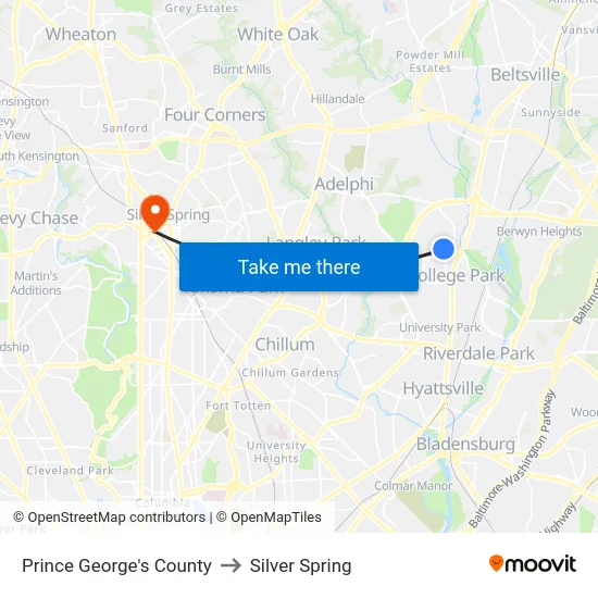Prince George's County to Silver Spring map