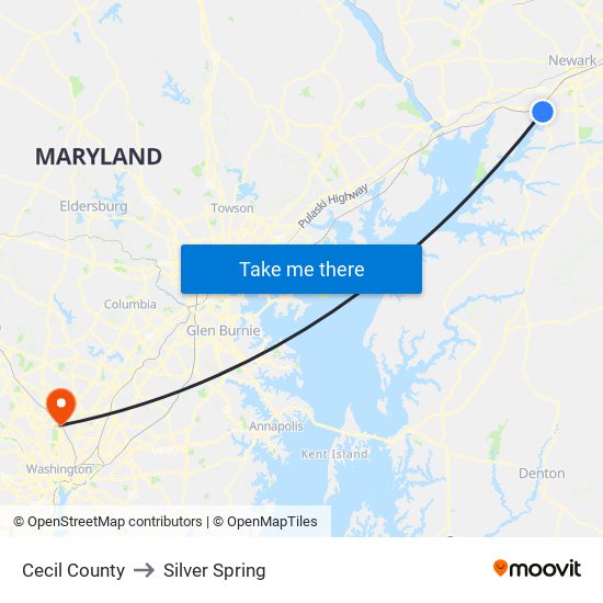 Cecil County to Silver Spring map