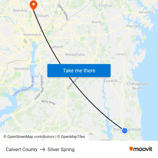 Calvert County to Silver Spring map