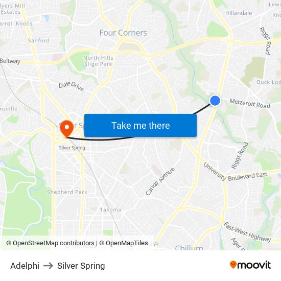 Adelphi to Silver Spring map