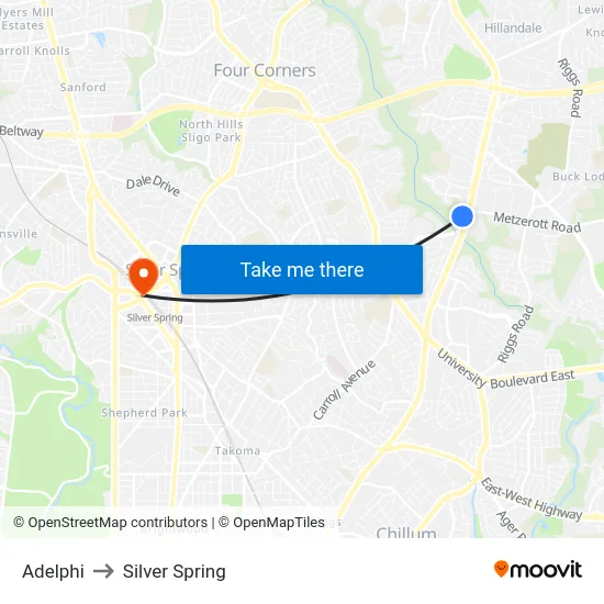 Adelphi to Silver Spring map
