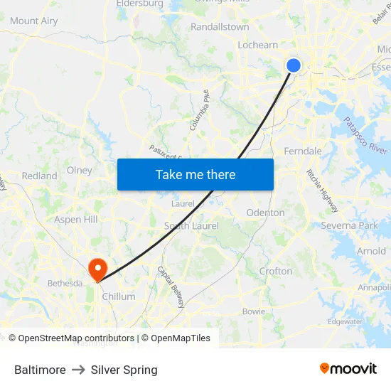 Baltimore to Silver Spring map
