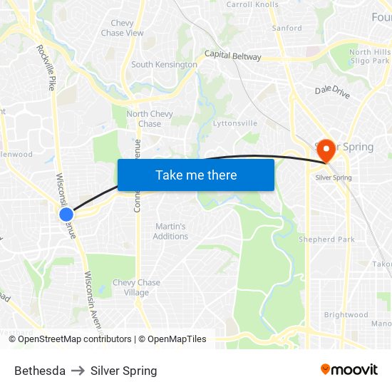 Bethesda to Silver Spring map