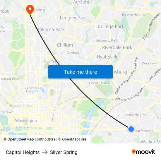 Capitol Heights to Silver Spring map
