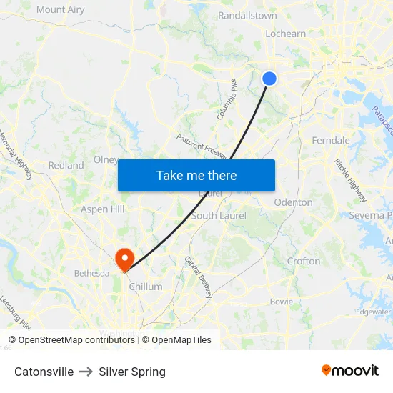 Catonsville to Silver Spring map
