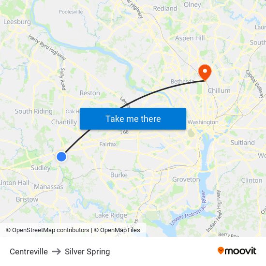 Centreville to Silver Spring map