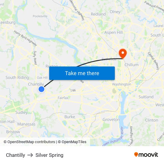 Chantilly to Silver Spring map