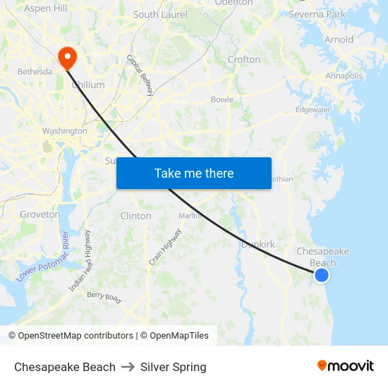 Chesapeake Beach to Silver Spring map