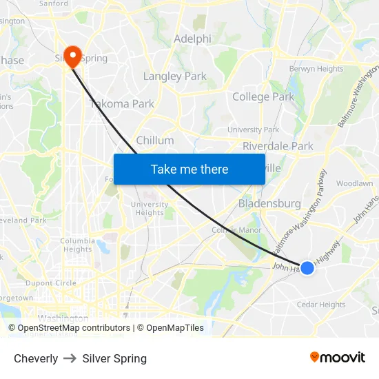 Cheverly to Silver Spring map