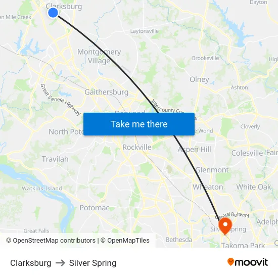 Clarksburg to Silver Spring map