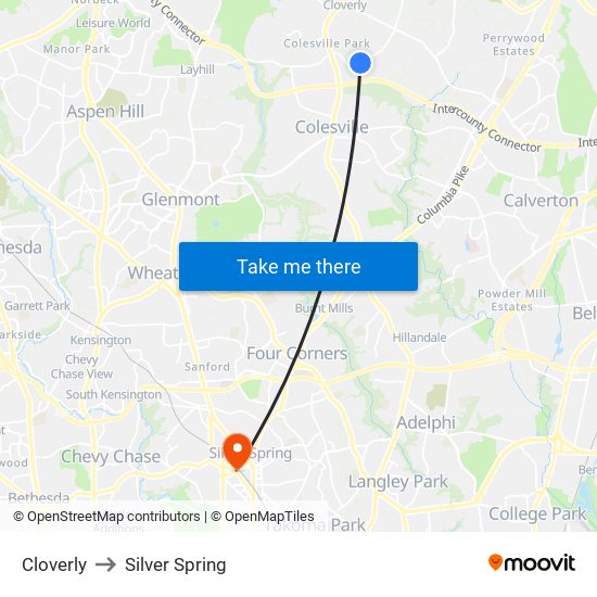 Cloverly to Silver Spring map