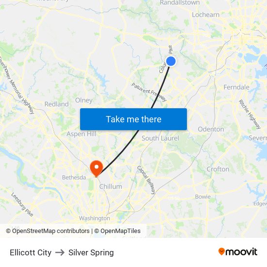 Ellicott City to Silver Spring map