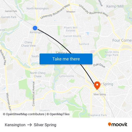 Kensington to Silver Spring map