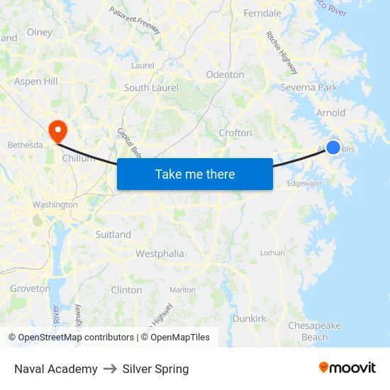 Naval Academy to Silver Spring map