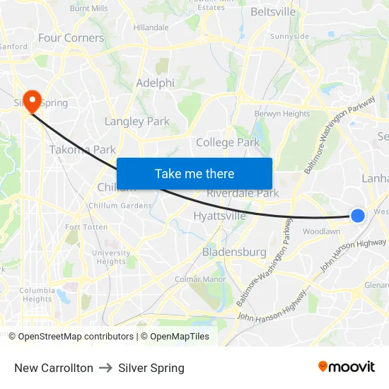 New Carrollton to Silver Spring map